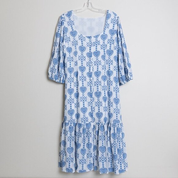 Johnny Was Dress White With Blue Embroidered Hearts Eyelet Button Up Boho Large - Picture 2 of 16